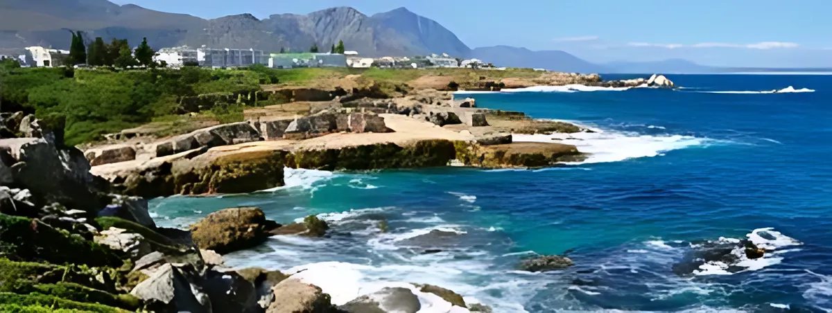 Rocky coastline and blue sea at Hermanus